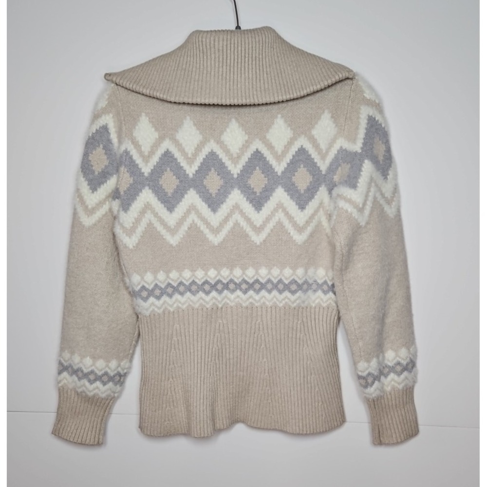 Tahari Womens Tan Fair Isle Collared  Full Zip Knit‎ Cardigan Jacket Size Small - Picture 4 of 8